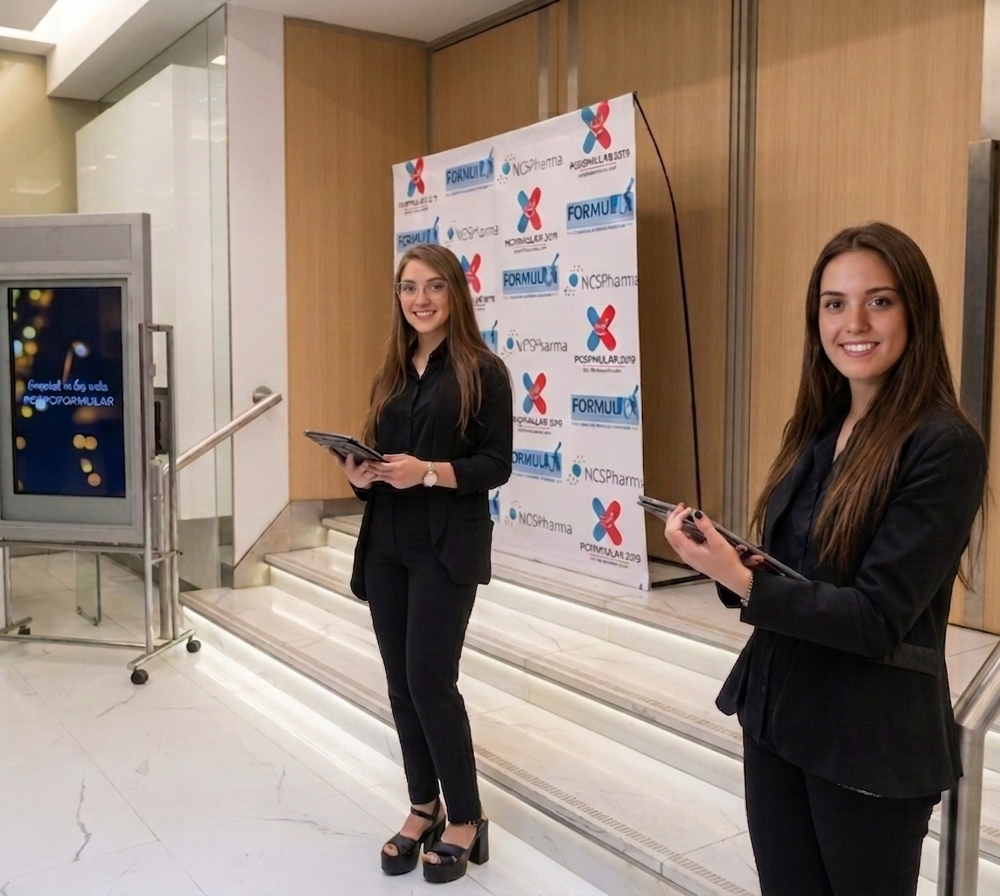 Staff de hospitalidad recibiendo invitados en el lobby de un evento corporativo